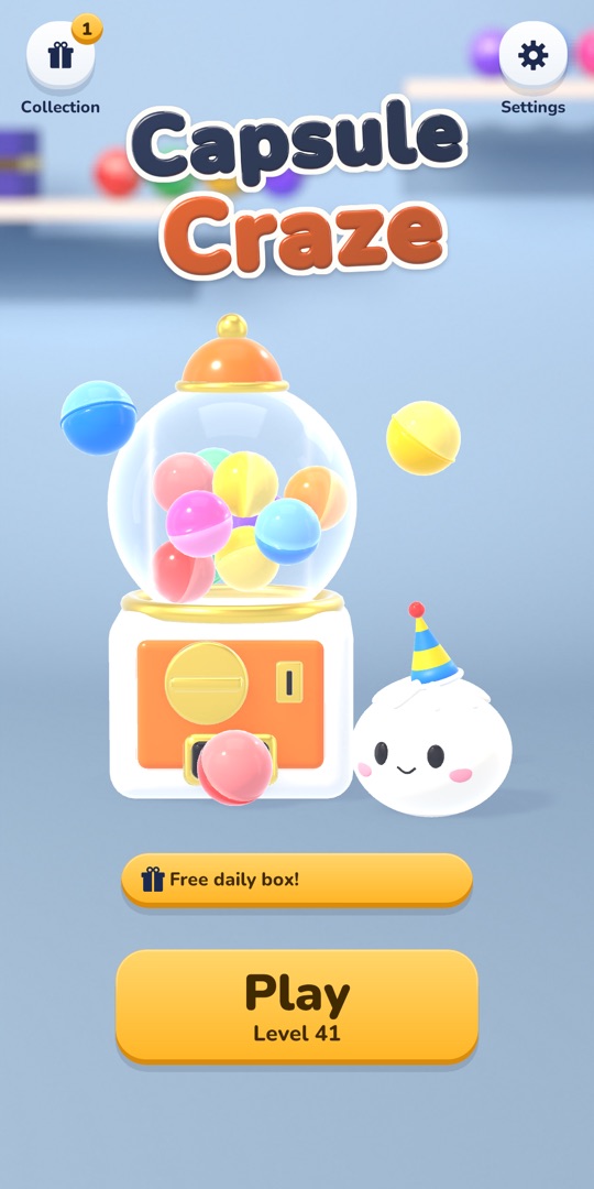 Main menu with Mochi next to a capsule machine and a Play button